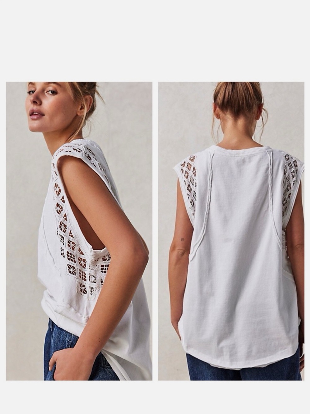 Free People Table For Two Tee Lace Trim White Oversized Size XS